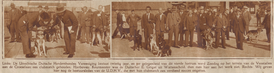874106 Collage van 2 foto's betreffende de clubmatch van de Utrechtsche Duitsche Herdershondenvereeniging, ...
